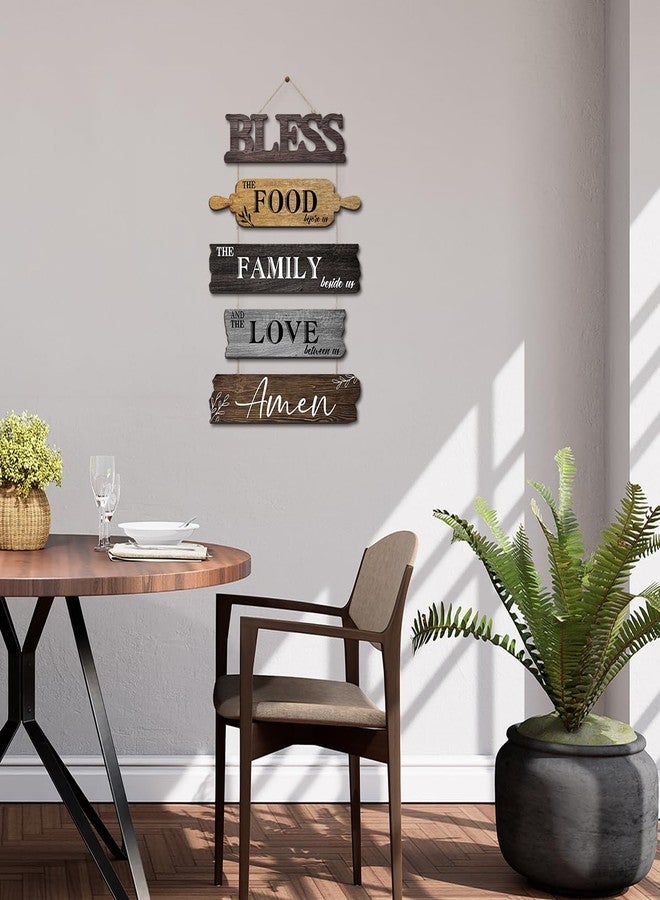 Pigort Kitchen Wall Decor Bless the Food Before Us Dining Room Wall Decor - Farmhouse Wall Art For Kitchen Dining Room- Wooden Rustic 5pcs Roped Sign 12x18 Inches(Brown) - Image 3